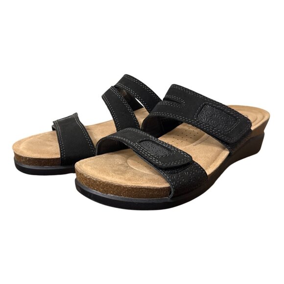 Clarks Calenne Maye Women's Black Leather Wedge Slide Sandals Two Straps Size 11 - Picture 3 of 14